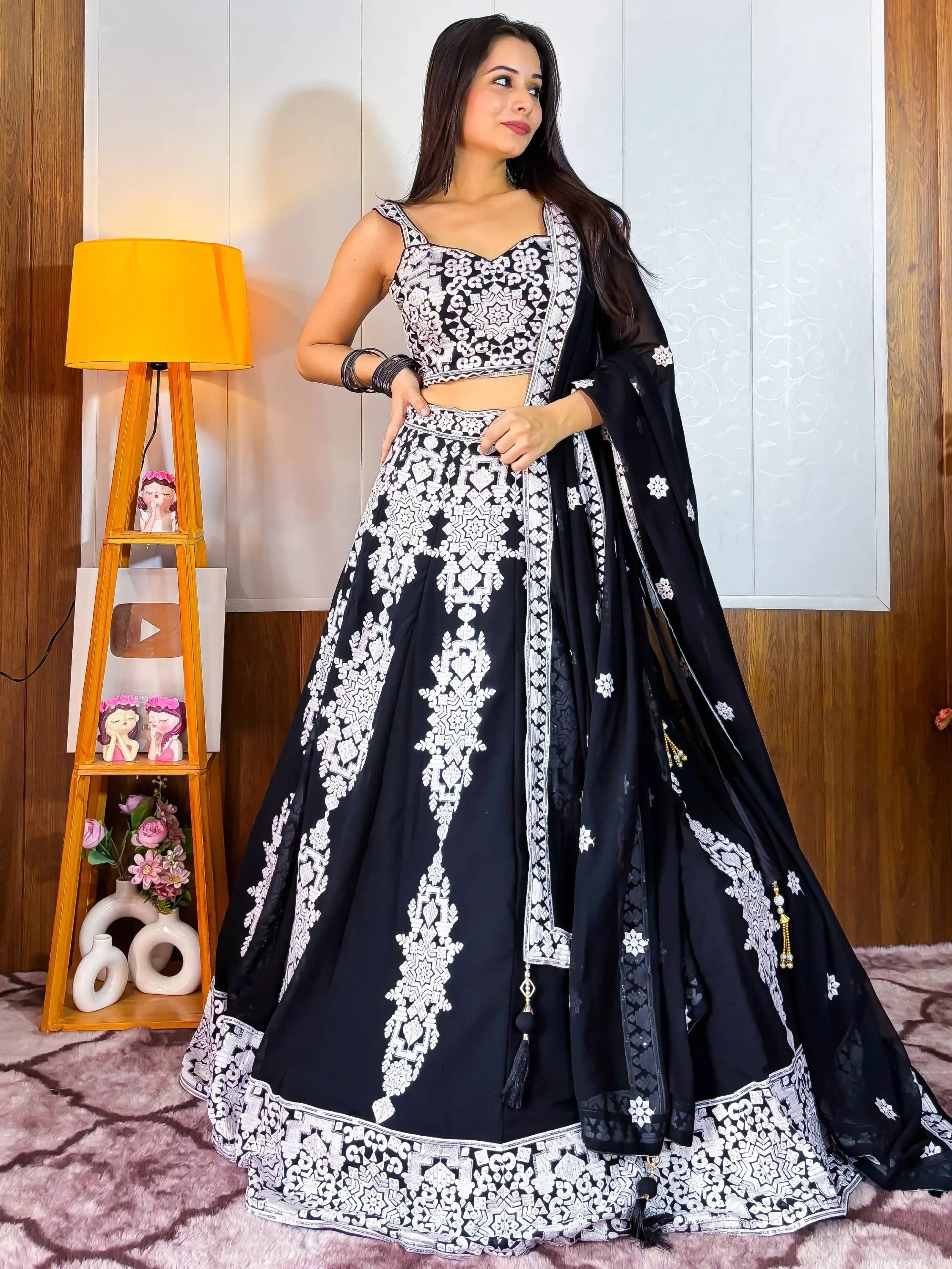 Black and white embroidered lehenga choli with matching dupatta, Indian ethnic wear for women