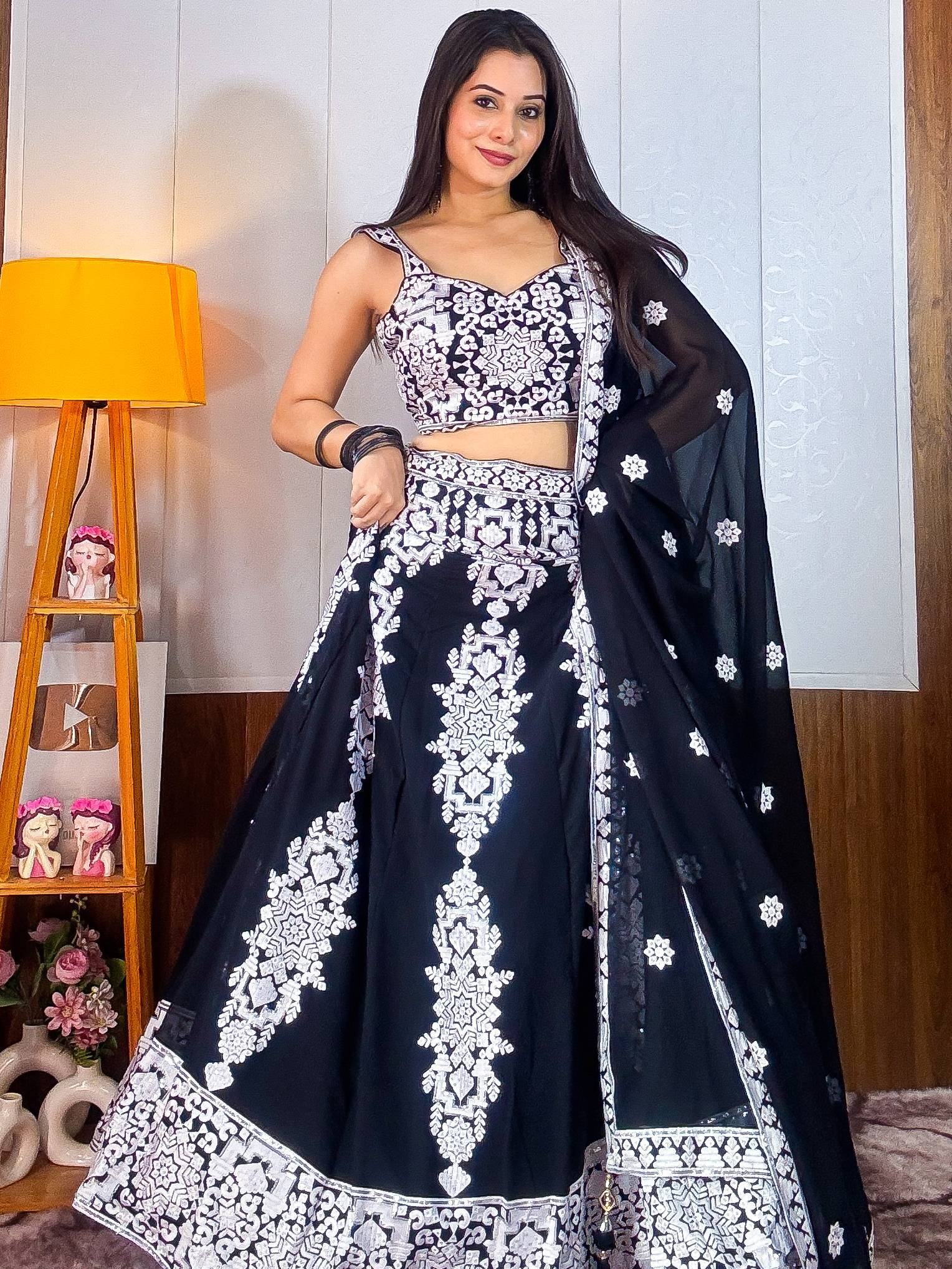 Black and white embroidered lehenga choli with floral dupatta, Indian ethnic wear for women