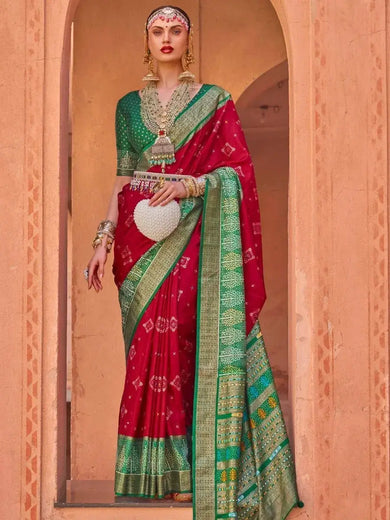 Improbable Red Patola Printed Silk Engagement Wear Saree With Blouse