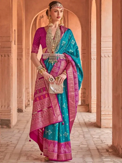 Marvelous Sky Blue Patola Printed Silk Wedding Wear Saree With Blouse