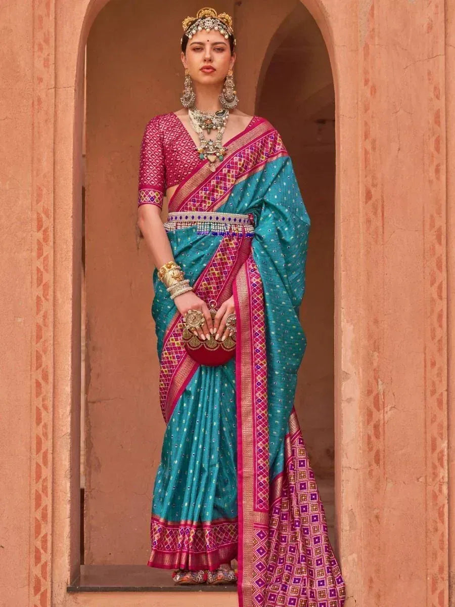 Remarkable Cyan Patola Printed Silk Traditional Saree With Blouse