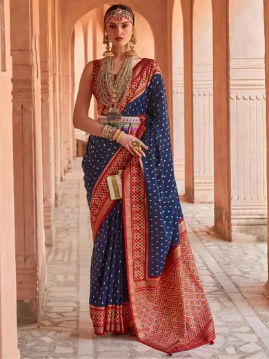 Splendid Navy Blue Patola Printed Silk Event Wear Saree With Blouse