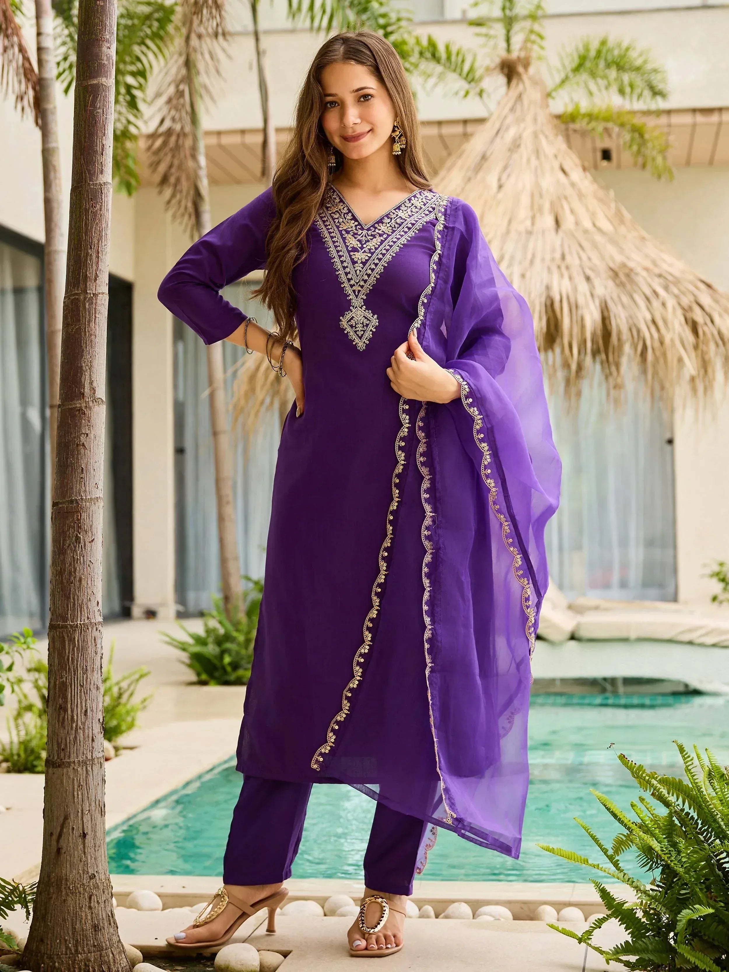 Purple embroidered kurta set with matching dupatta, perfect for ethnic occasions