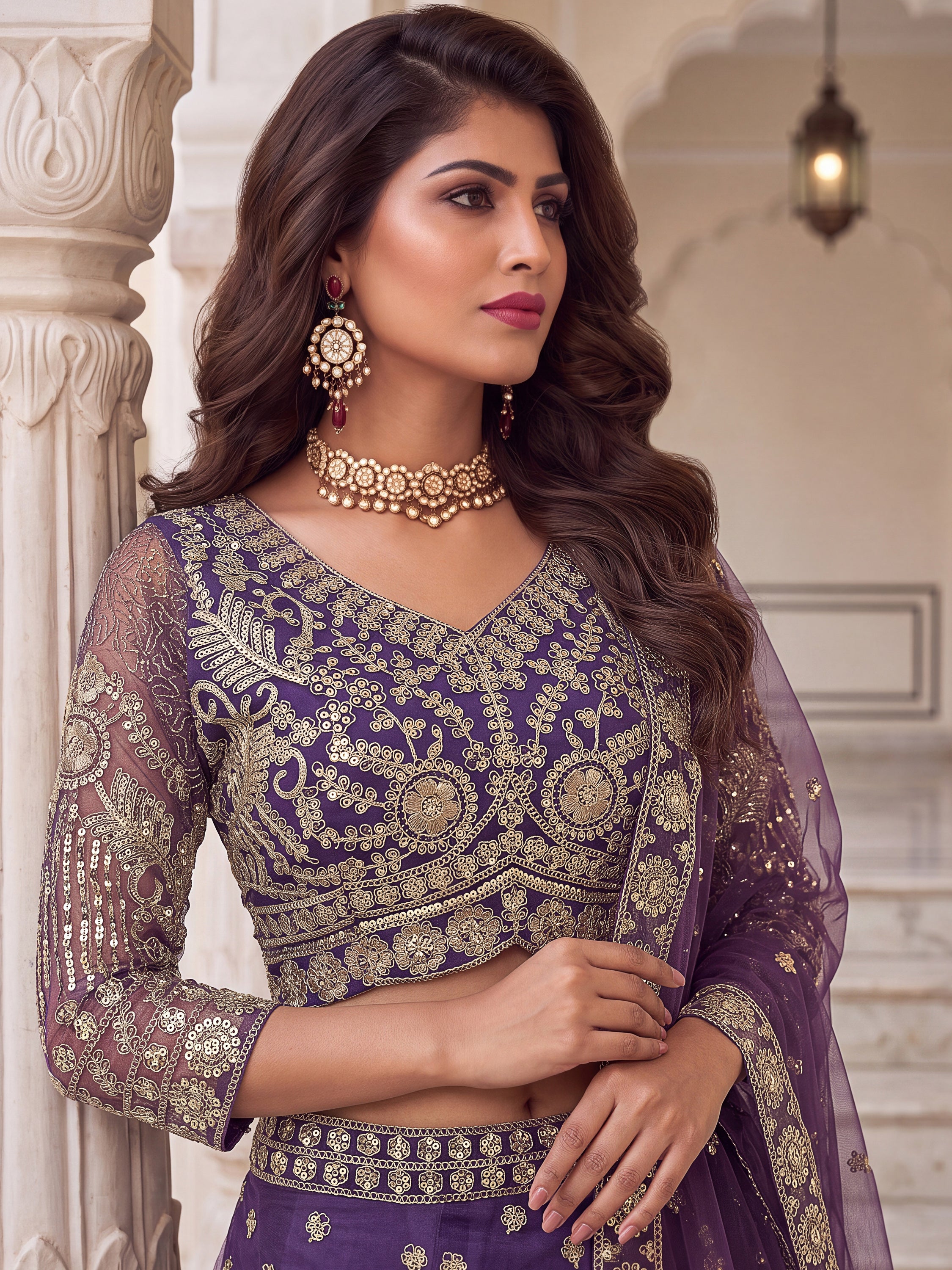 Rich Purple Embroidered Net Cocktail Wear Lehenga Choli With Dupatta