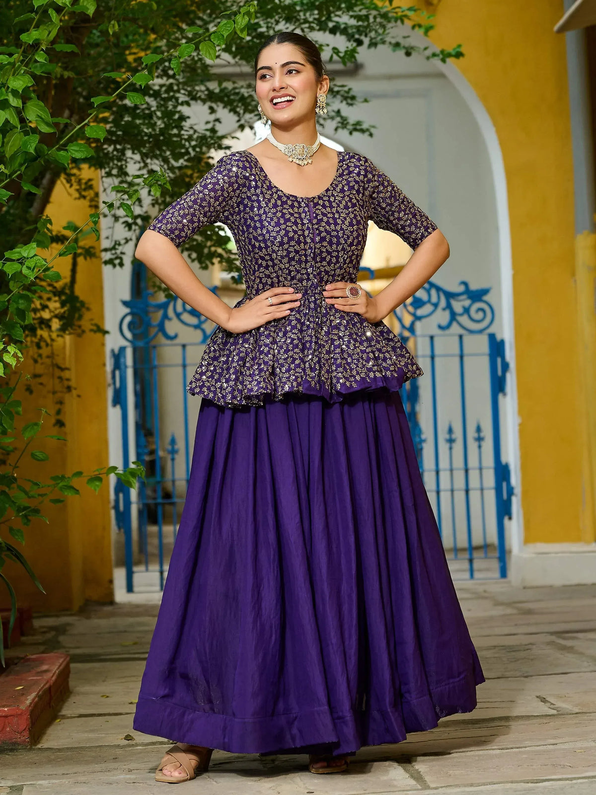Purple embroidered peplum top with matching skirt, Indian ethnic wear for women