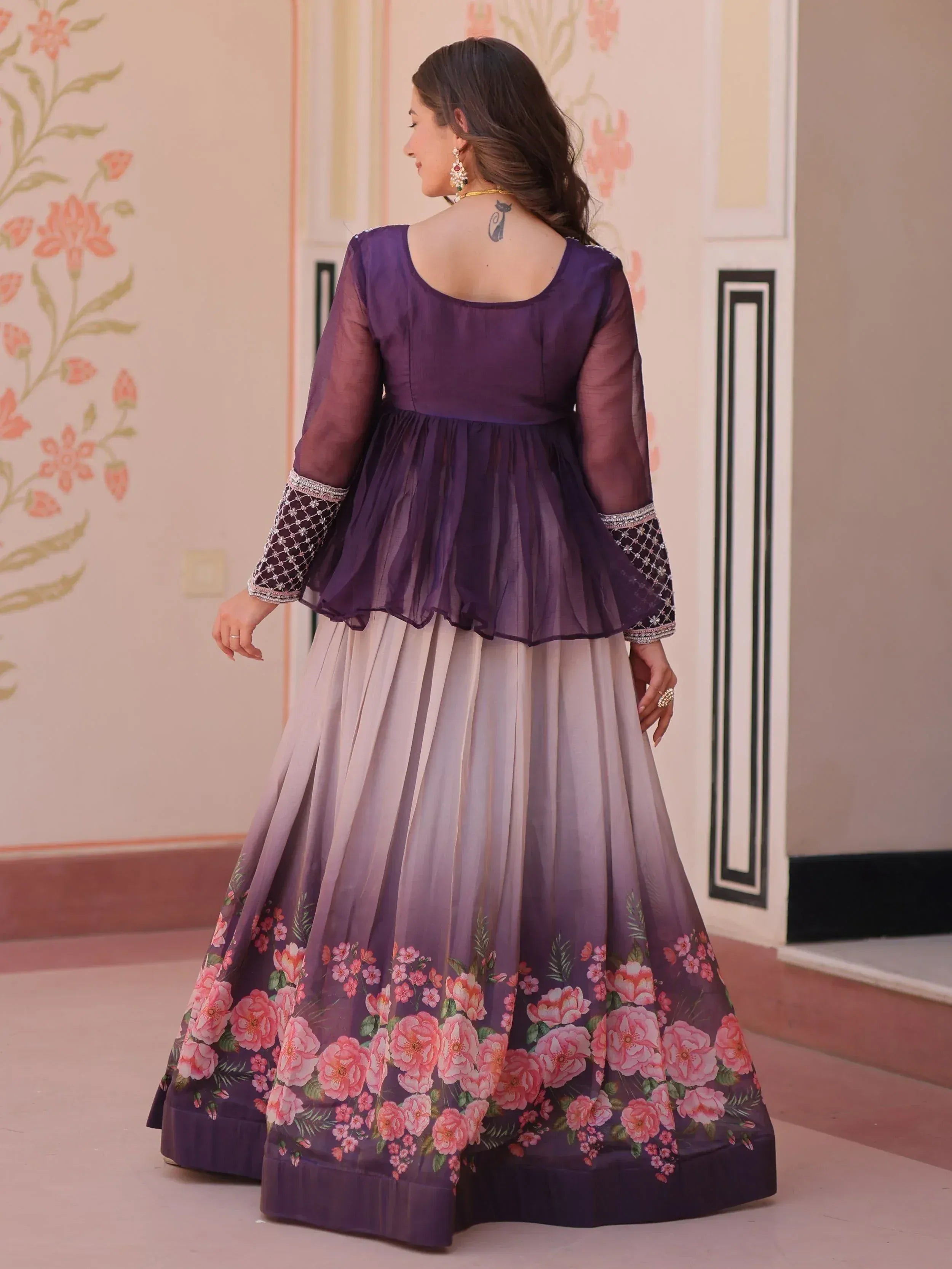Purple floral print lehenga choli with sheer sleeves and embroidered cuffs, Indian ethnic wear