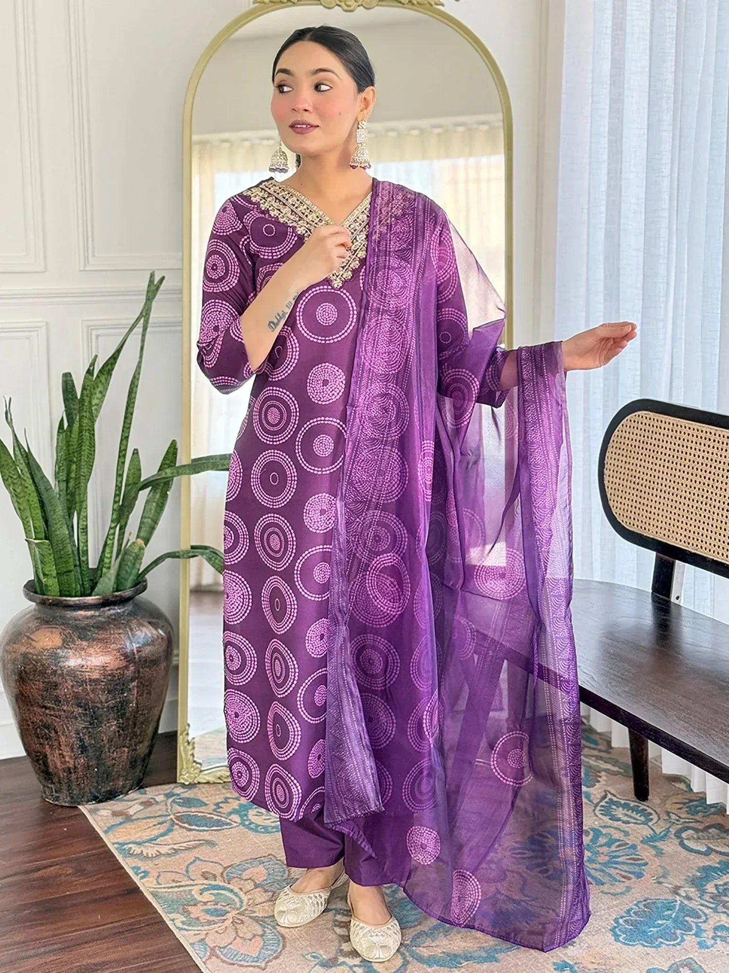 Purple printed salwar kameez with embroidered neckline and sheer dupatta, ethnic Indian wear