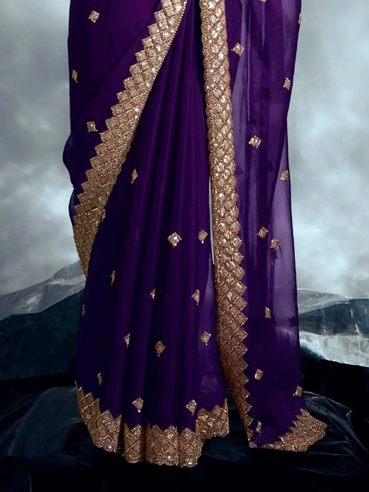 Purple designer saree with gold embroidery and sequin border, ethnic Indian wear