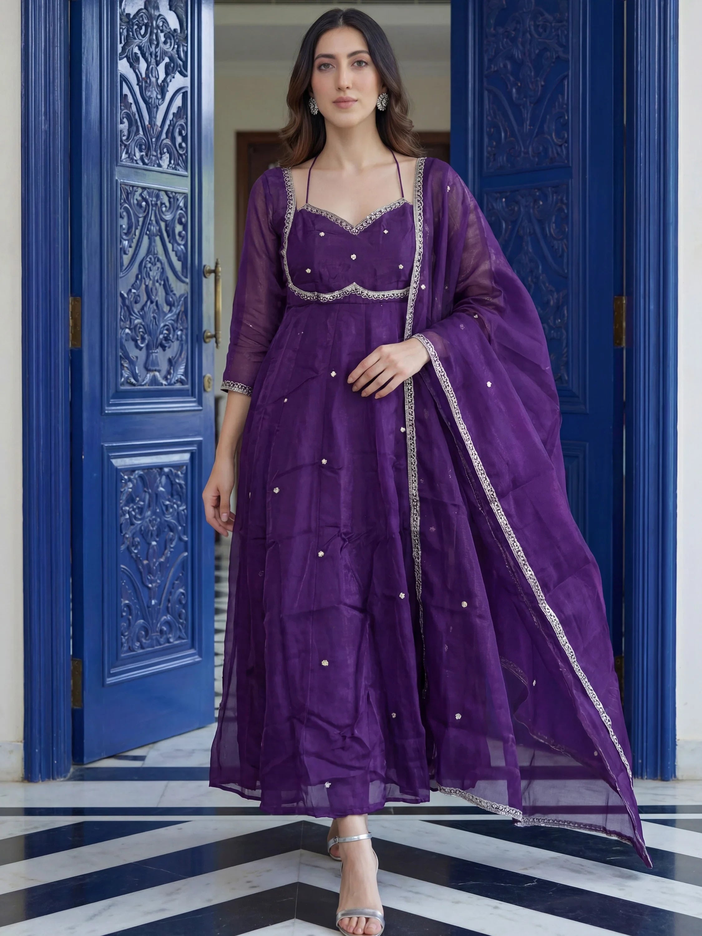 Outstanding Purple Sequins Silk Engagement Wear Anarkali Gown