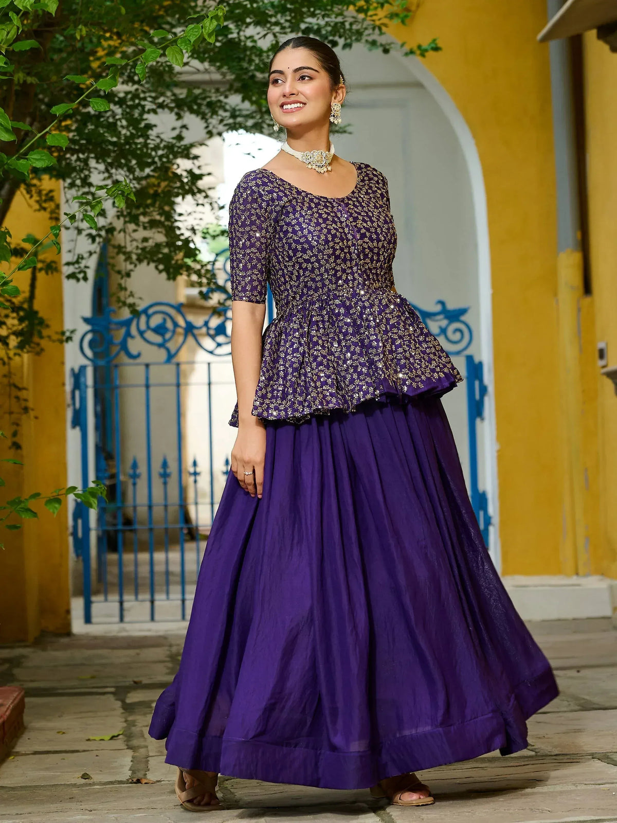 Purple floral embroidered peplum top with pleated skirt, Indian ethnic wear for women