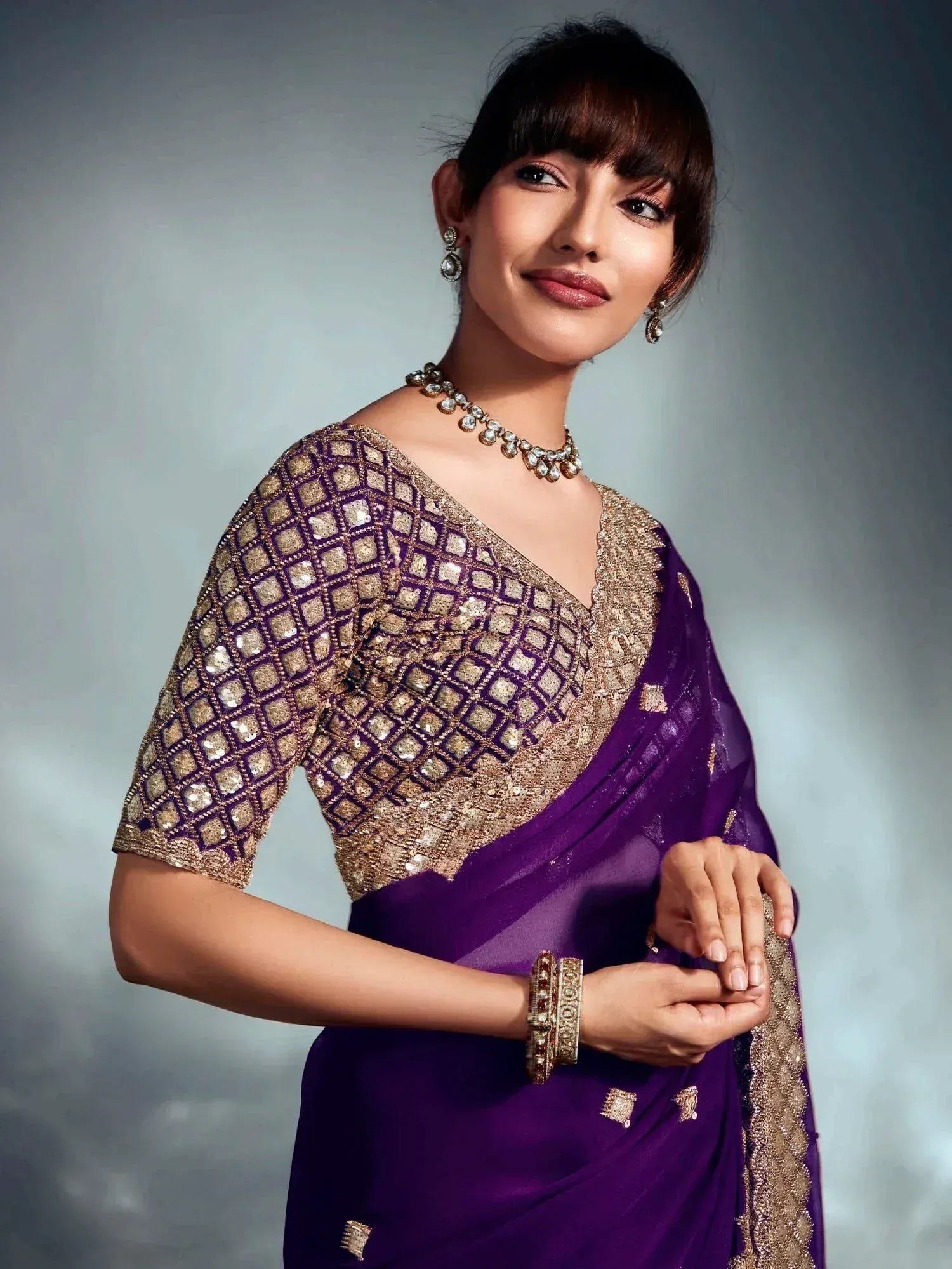Purple saree with gold embroidery and sequin blouse, Indian ethnic wear for women
