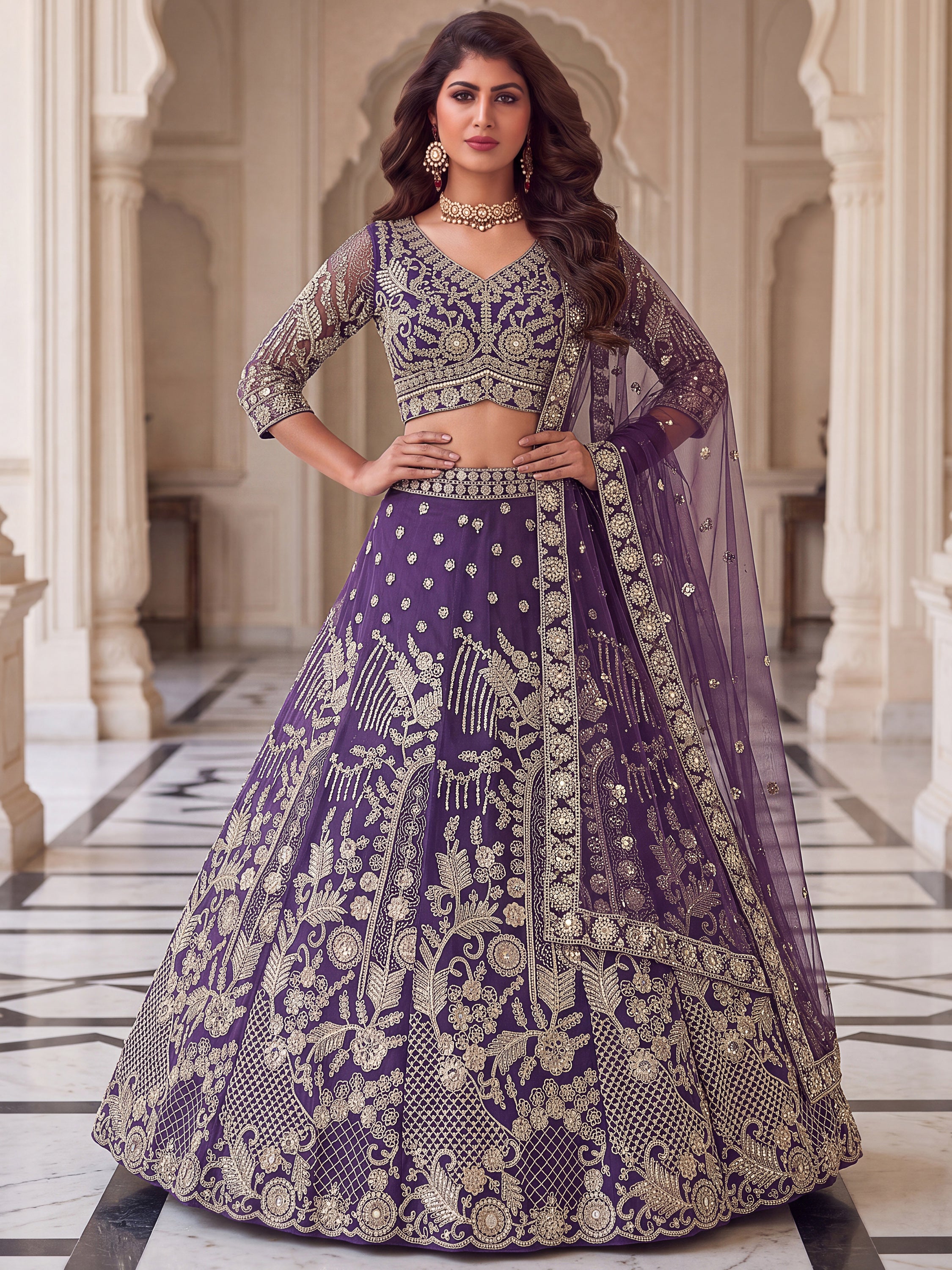 Rich Purple Embroidered Net Cocktail Wear Lehenga Choli With Dupatta