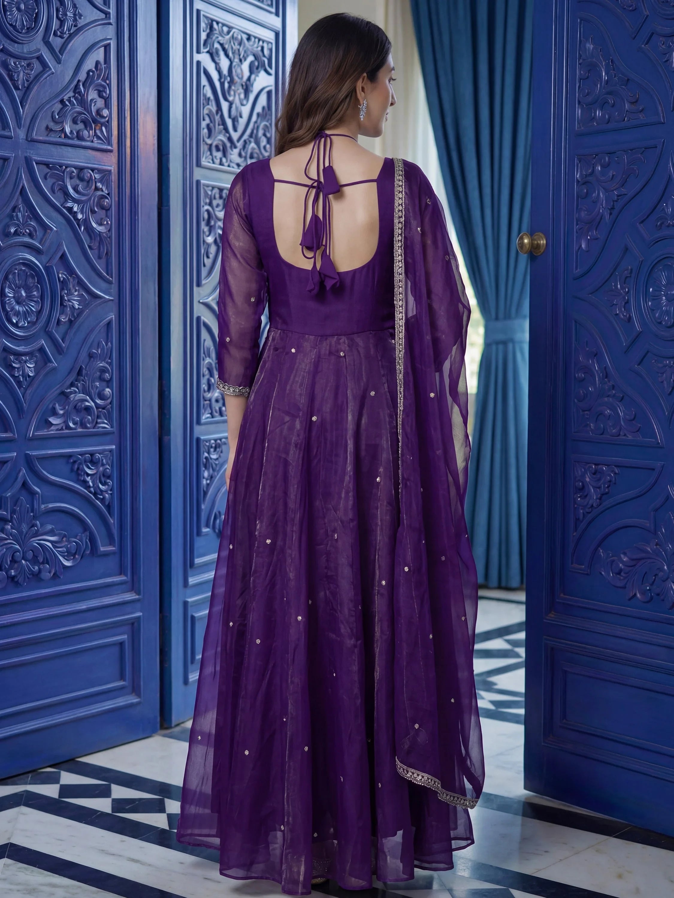 Outstanding Purple Sequins Silk Engagement Wear Anarkali Gown