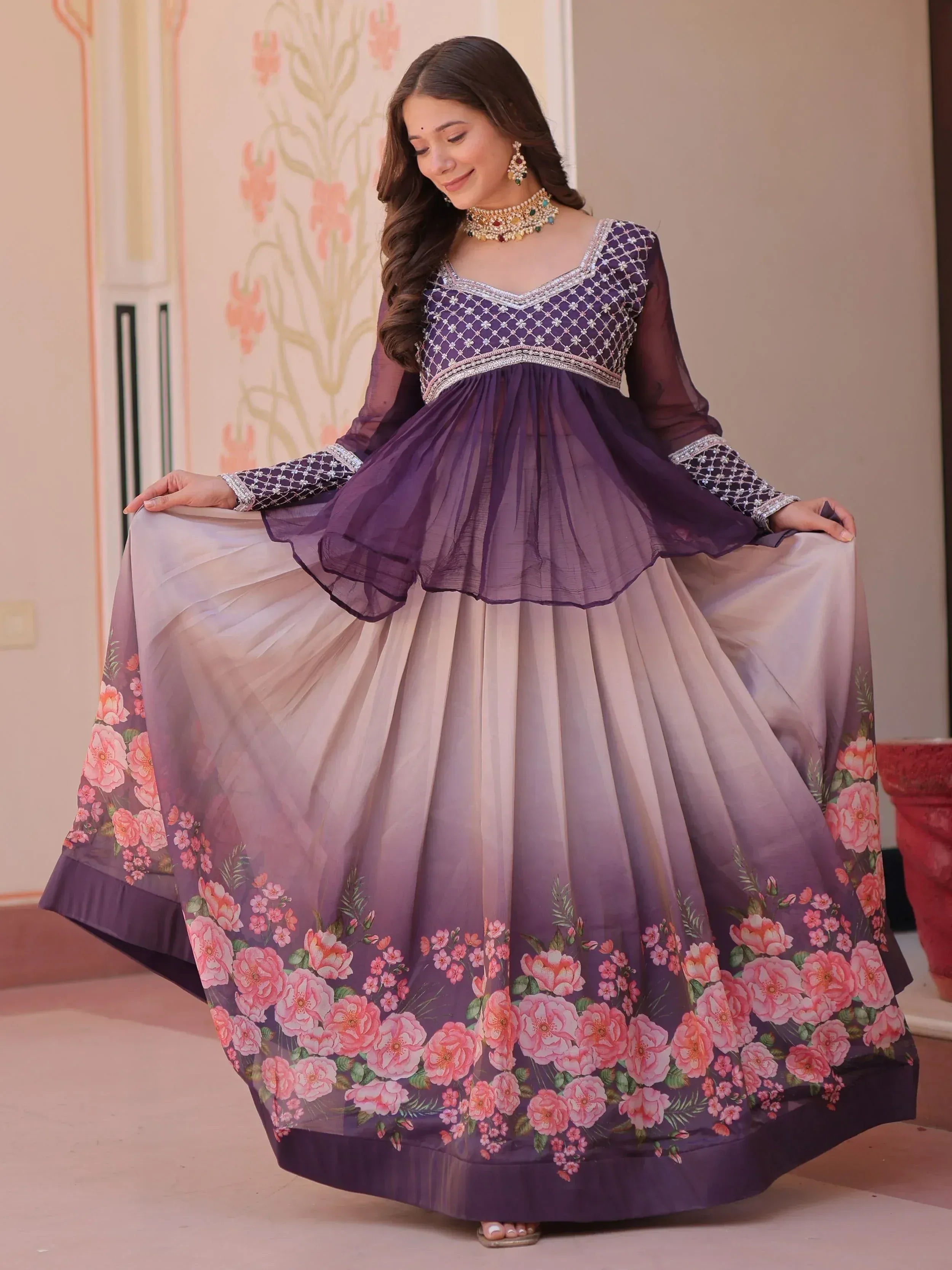 Purple floral print Indian ethnic gown with embroidered blouse, perfect for festive occasions and weddings