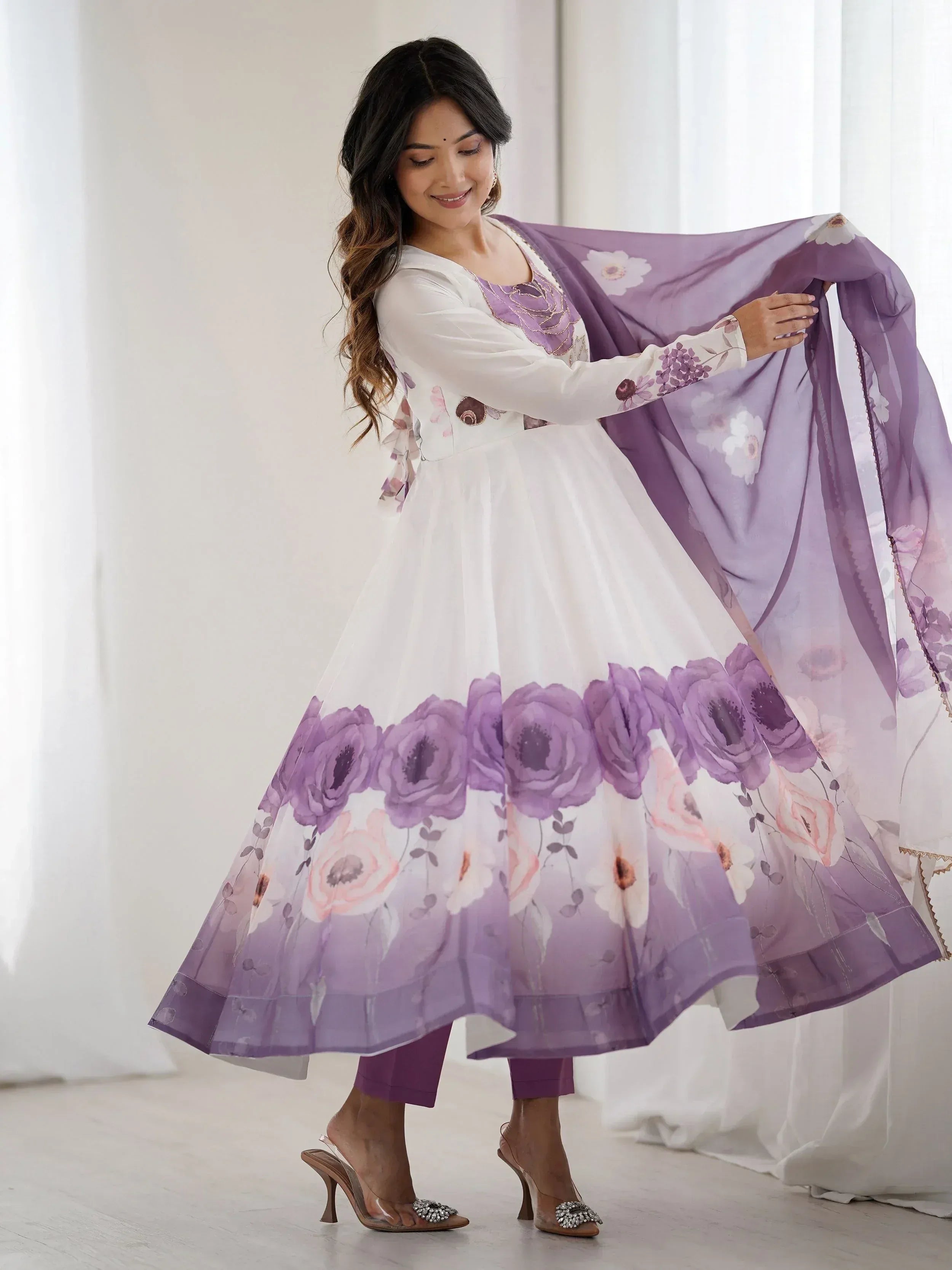 White and purple floral printed Anarkali suit with matching dupatta, ethnic wear for women