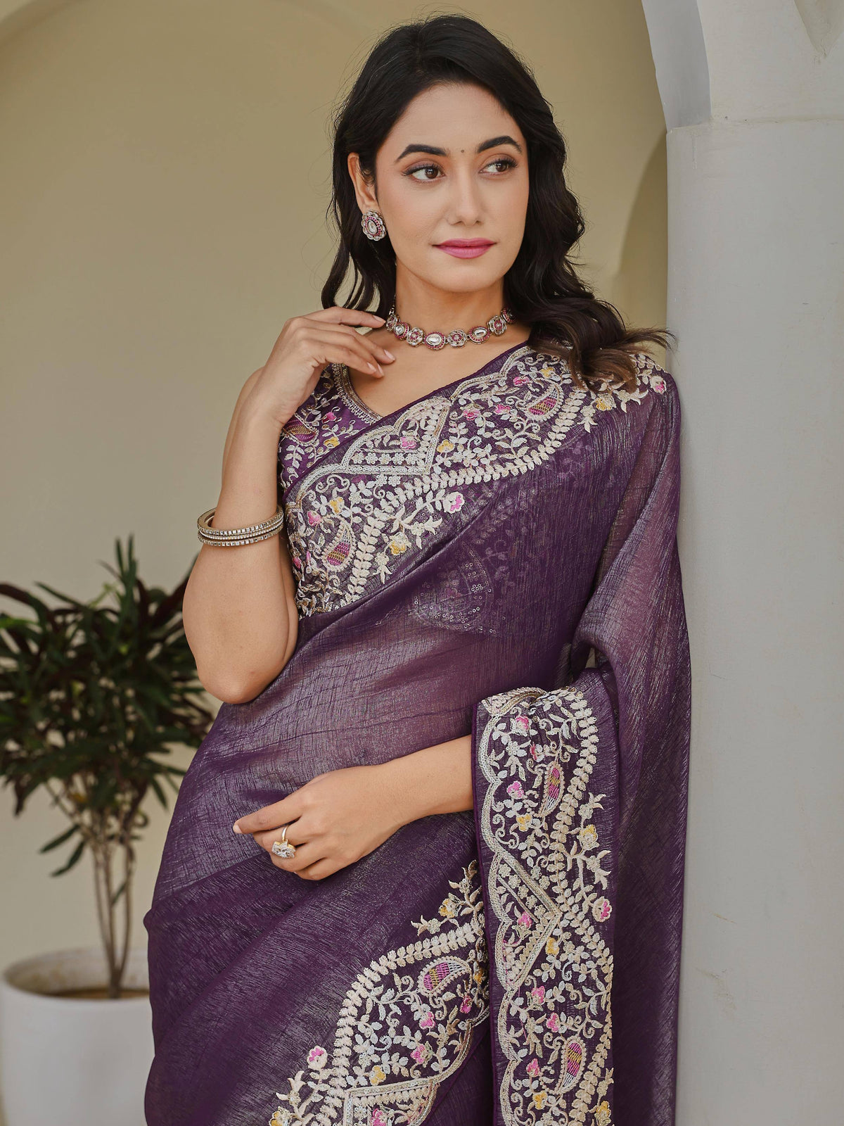 Purple embroidered saree with floral zari work, perfect for Indian ethnic occasions