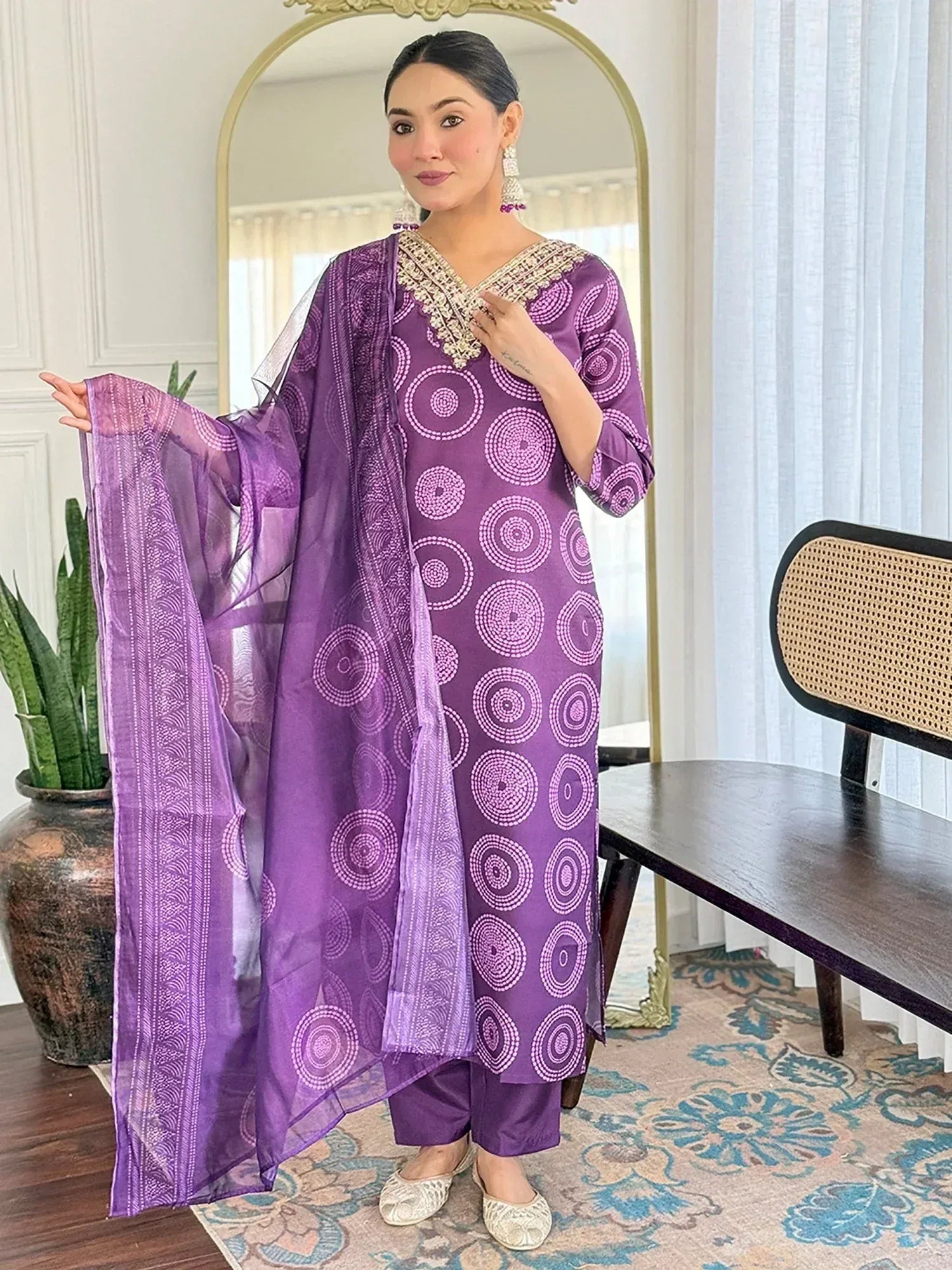 Purple printed salwar kameez with embroidered neckline and matching dupatta, ethnic Indian wear