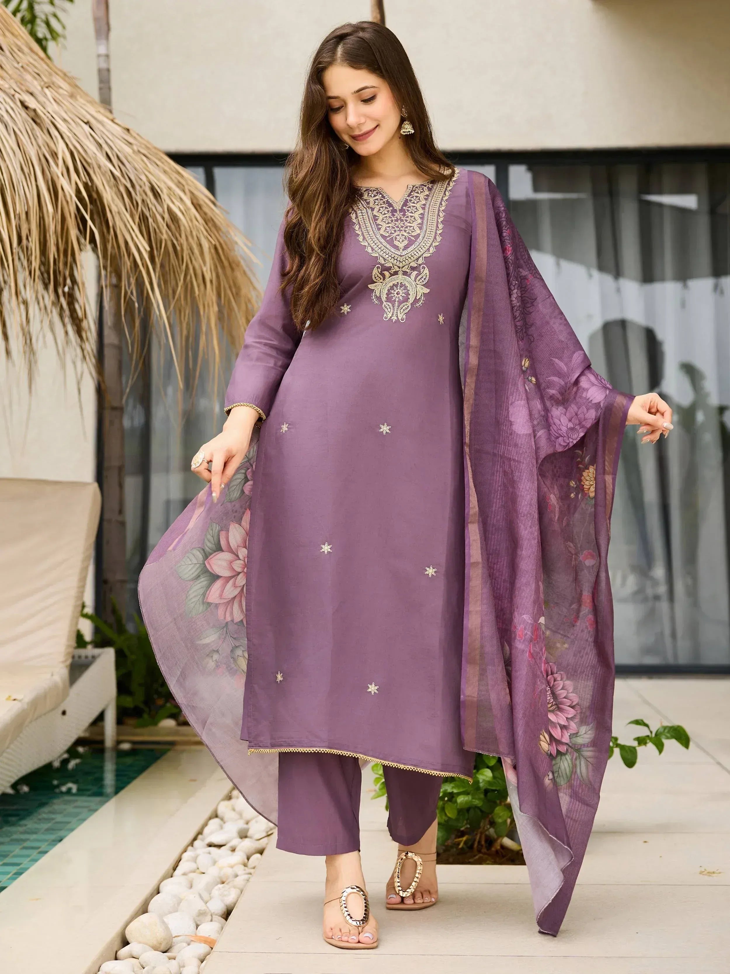Purple embroidered salwar kameez with floral dupatta, ethnic wear for women