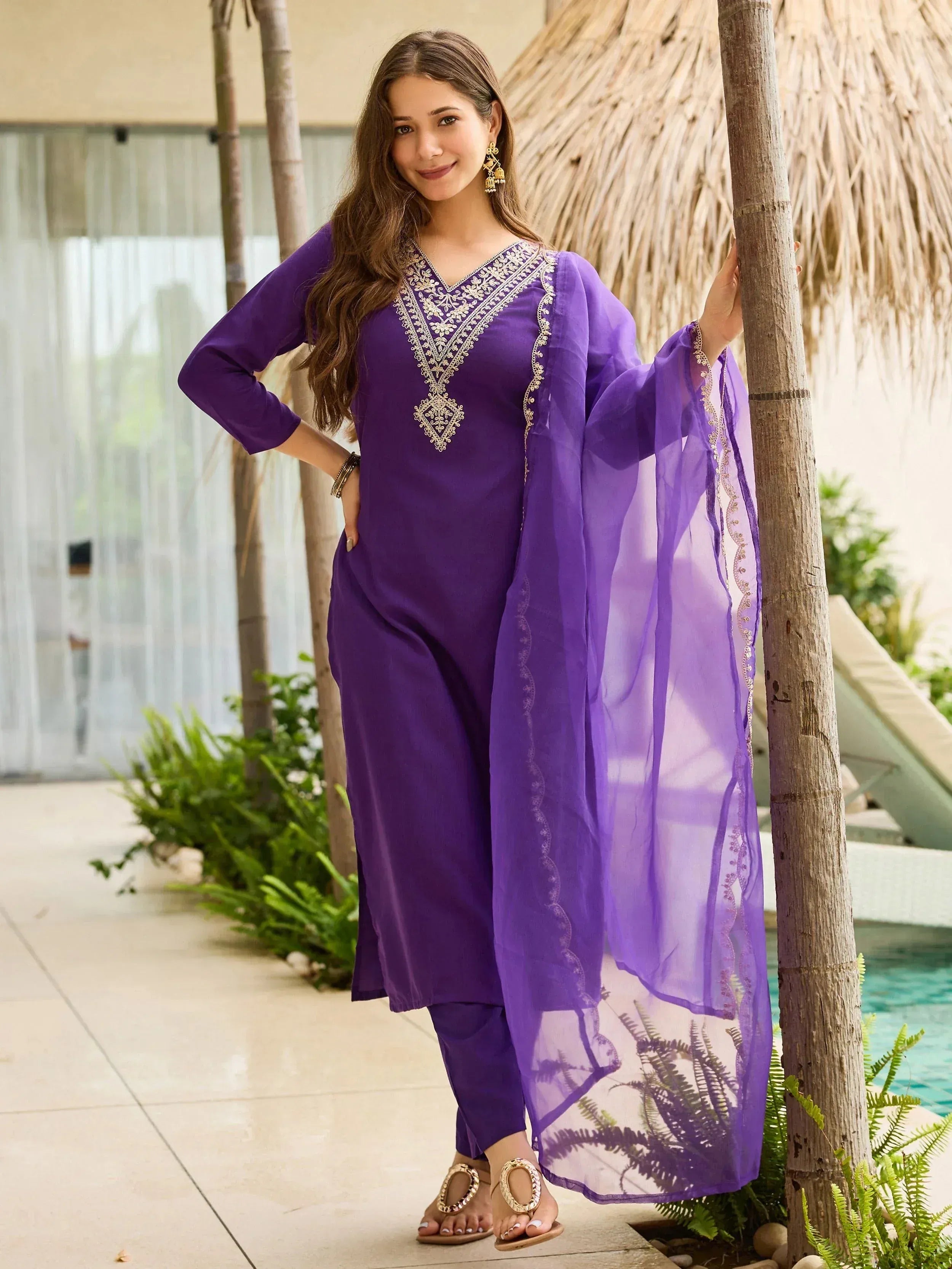 Purple embroidered salwar kameez with sheer dupatta, perfect for ethnic wear occasions