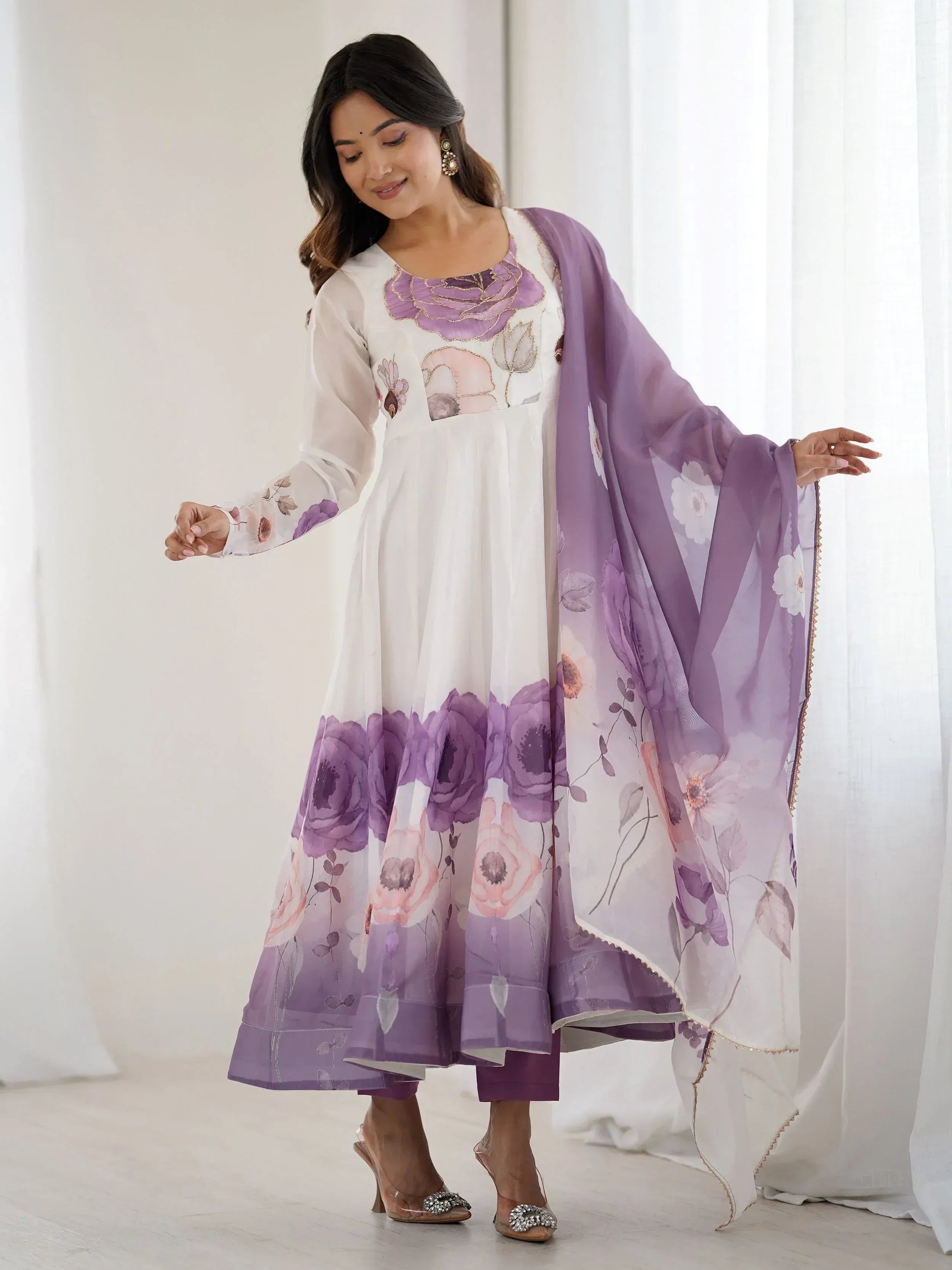 White and purple floral printed anarkali suit with matching dupatta, ethnic Indian wear