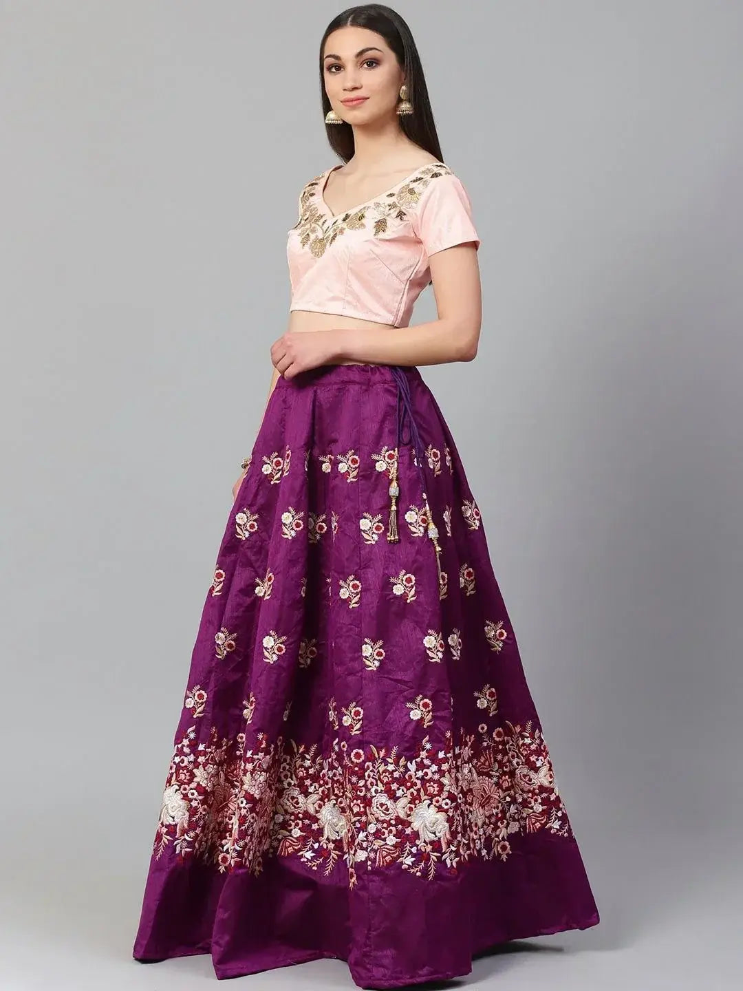 Purple & Peach-Coloured Semi-Stitched Myntra Lehenga with Unstiched Choli