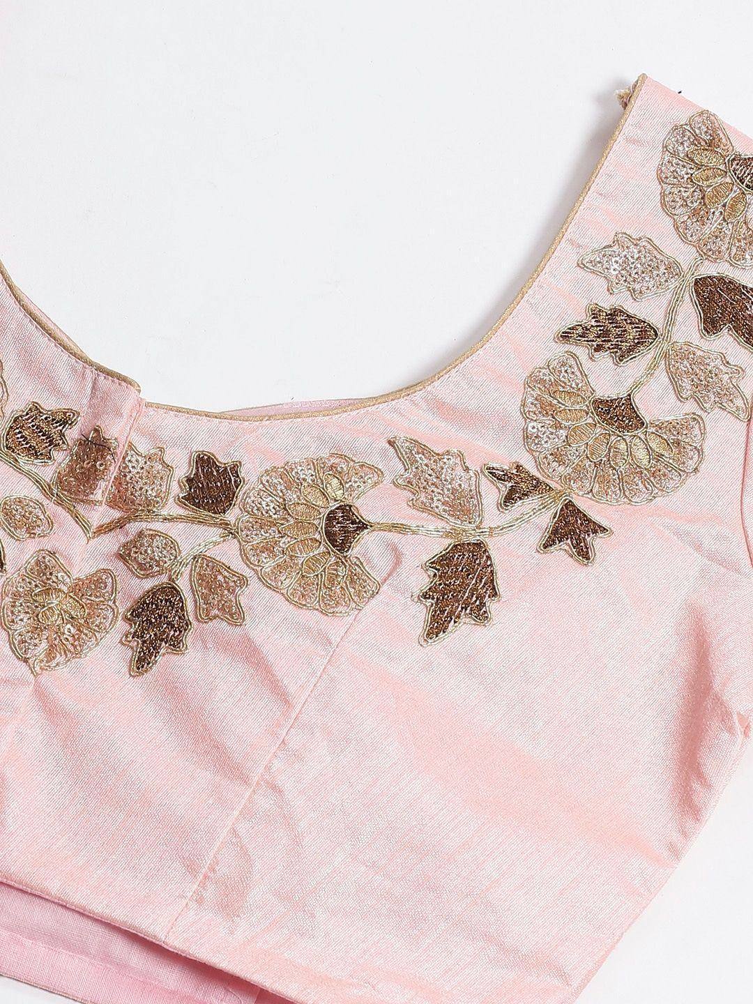 Pink designer blouse with gold floral embroidery, perfect for ethnic wear and lehenga choli sets