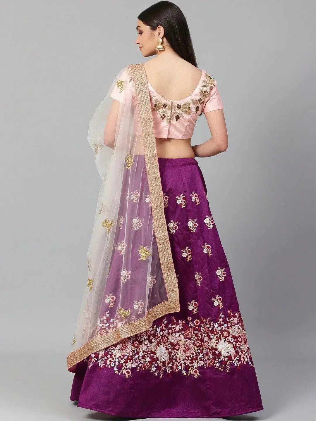 Purple & Peach-Coloured Semi-Stitched Myntra Lehenga with Unstiched Choli