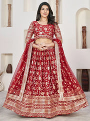 Glamorous Red Zari Embroidered Jacquard Wedding Lehenga Choli
