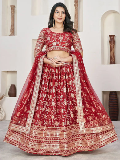 Glamorous Red Zari Embroidered Jacquard Wedding Lehenga Choli