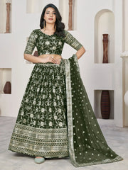 Lovely Green Zari Embroidered Jacquard Mehendi Wear Lehenga Choli