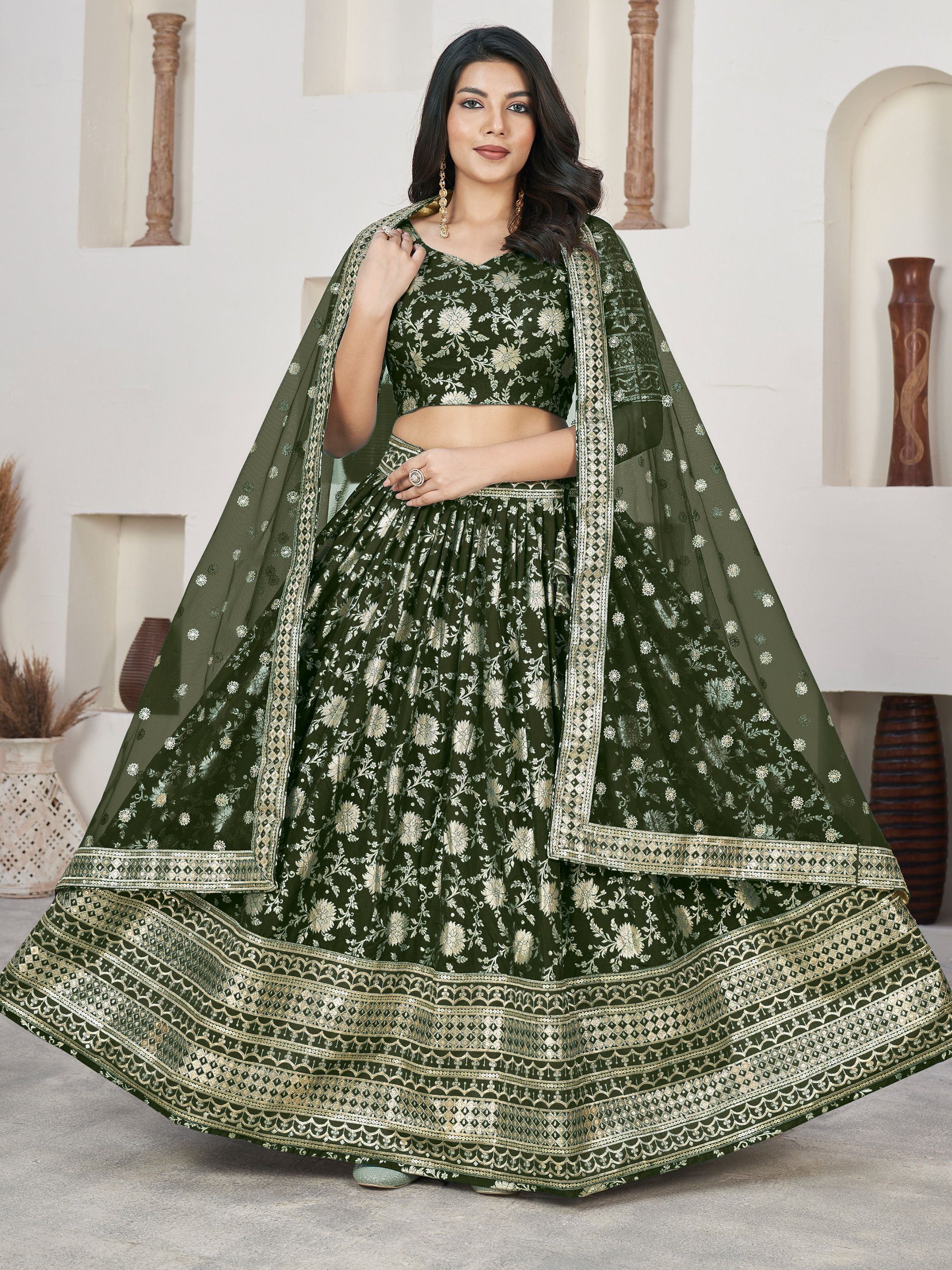 Olive green designer lehenga choli with gold floral embroidery and net dupatta for Indian ethnic wear