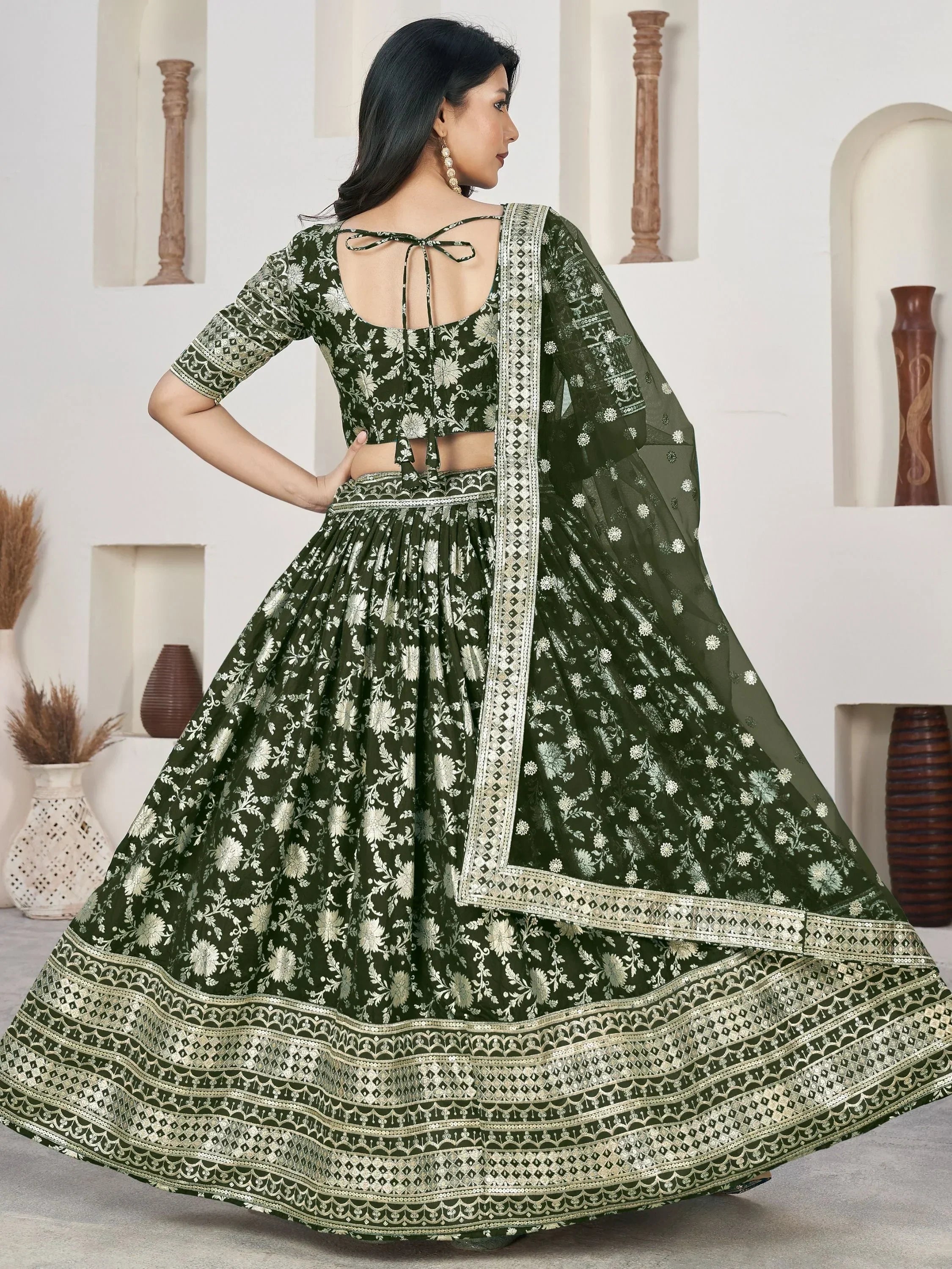 Green floral embroidered lehenga choli with back tie blouse and dupatta, Indian ethnic wear