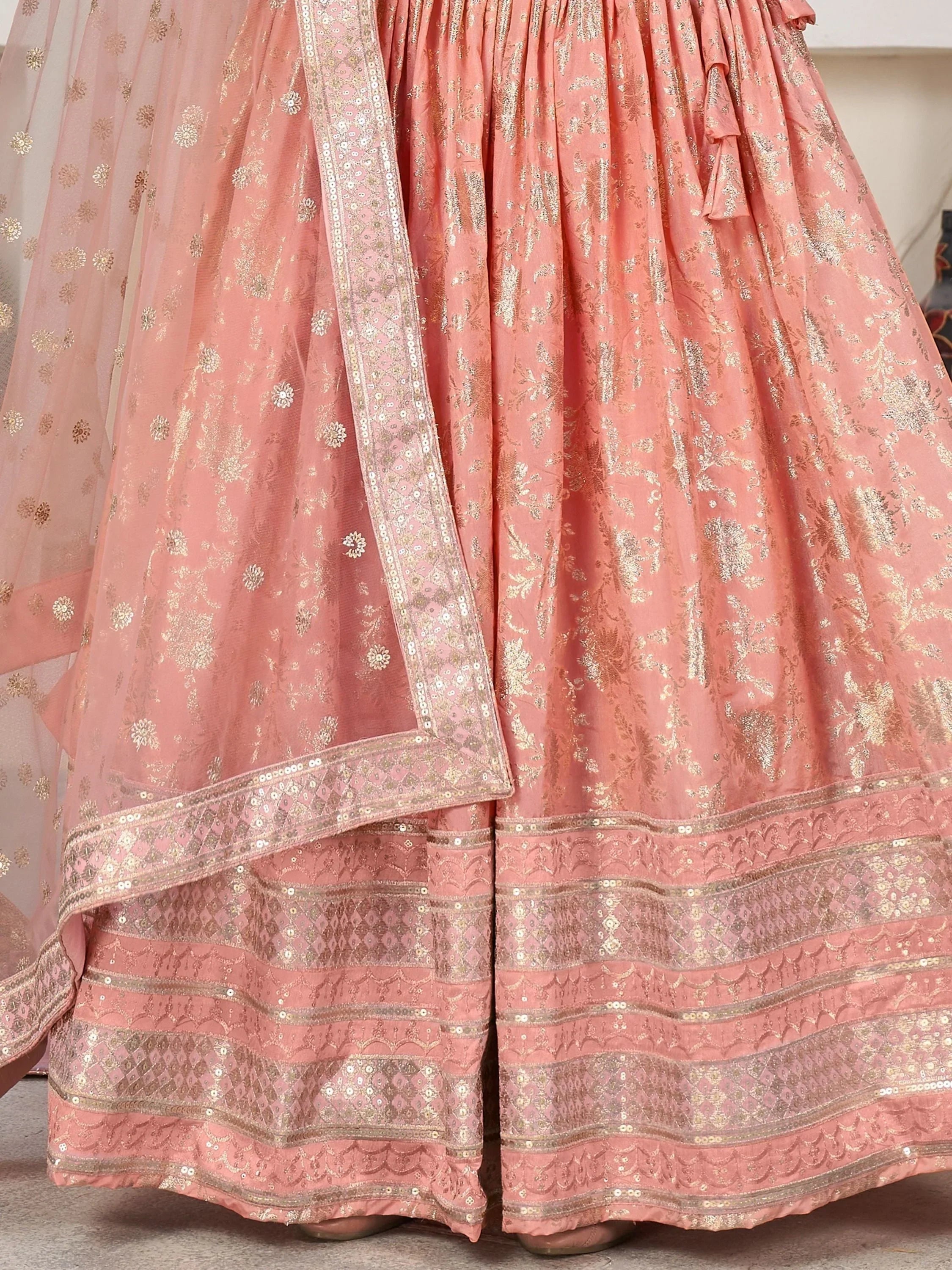 Pink floral embroidered lehenga with sequin border and sheer dupatta, Indian ethnic wear