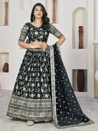 Precious Black Zari Embroidered Jacquard Reception Wear Lehenga Choli