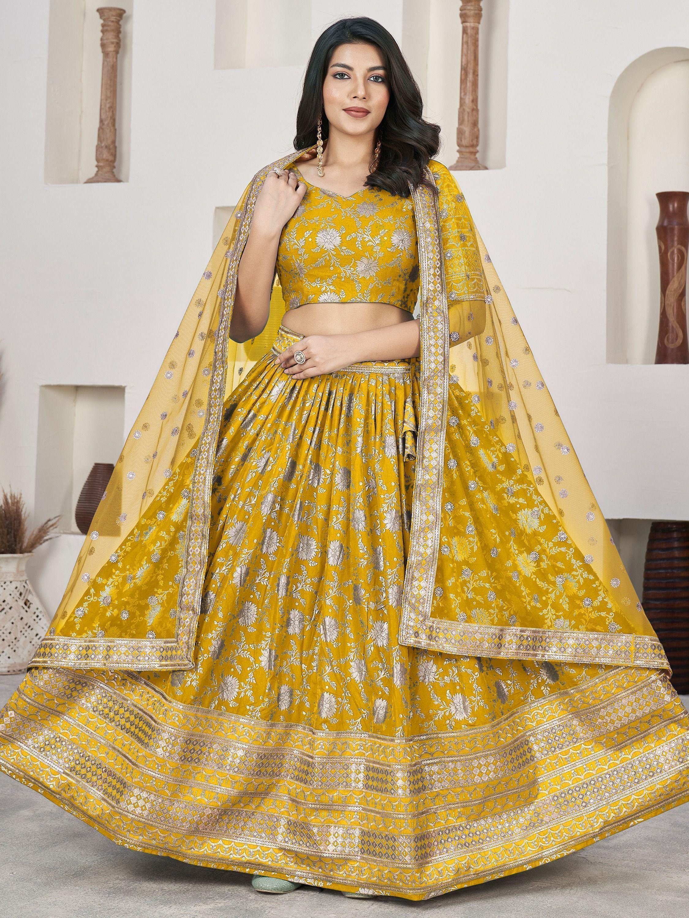 Yellow floral embroidered lehenga choli with dupatta, Indian ethnic wear for women