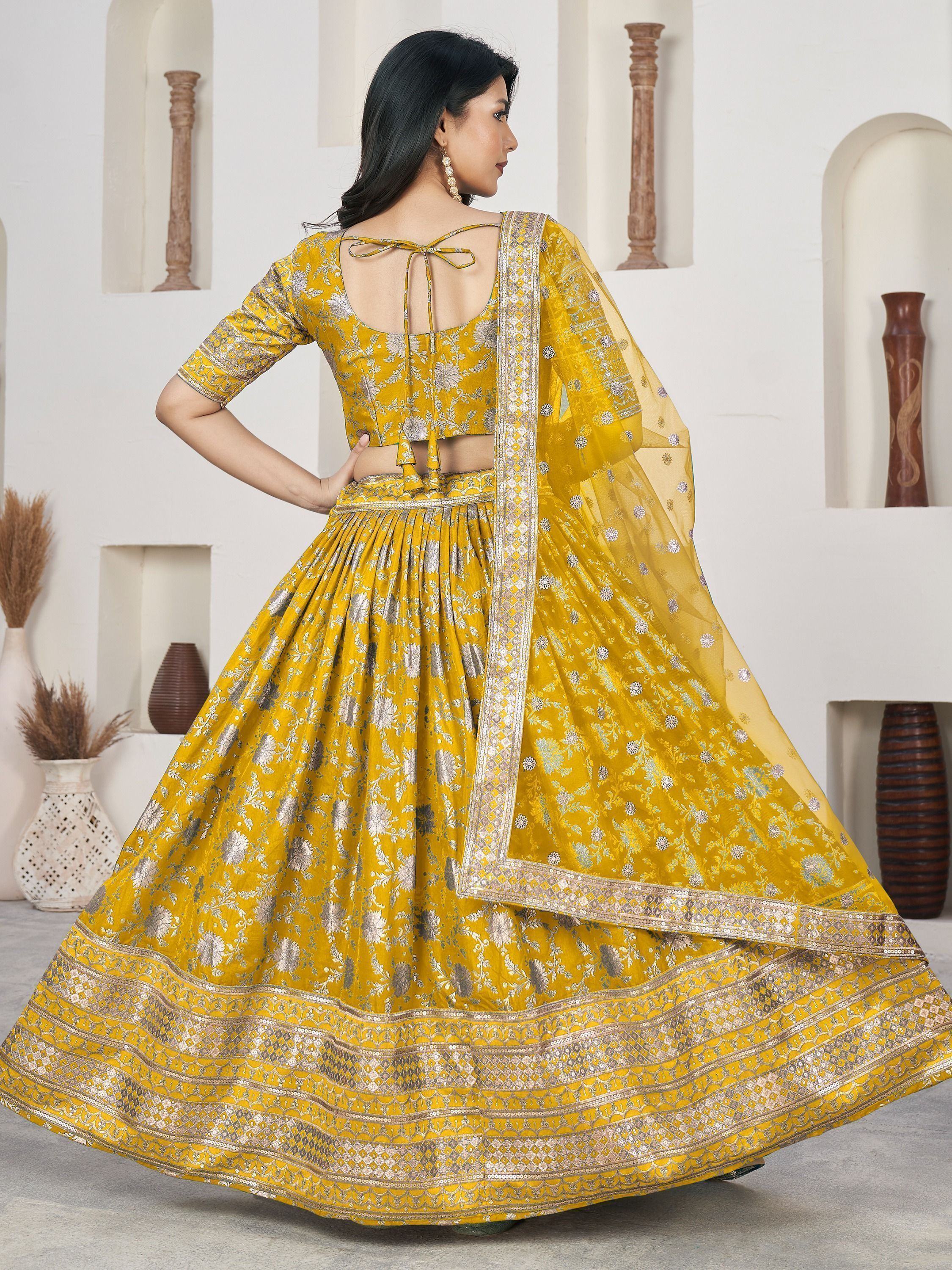 Yellow floral lehenga choli with silver embroidery and dupatta, Indian ethnic wear