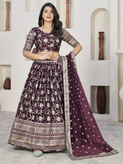 Pretty Wine Zari Embroidered Jacquard Engagement Wear Lehenga Choli