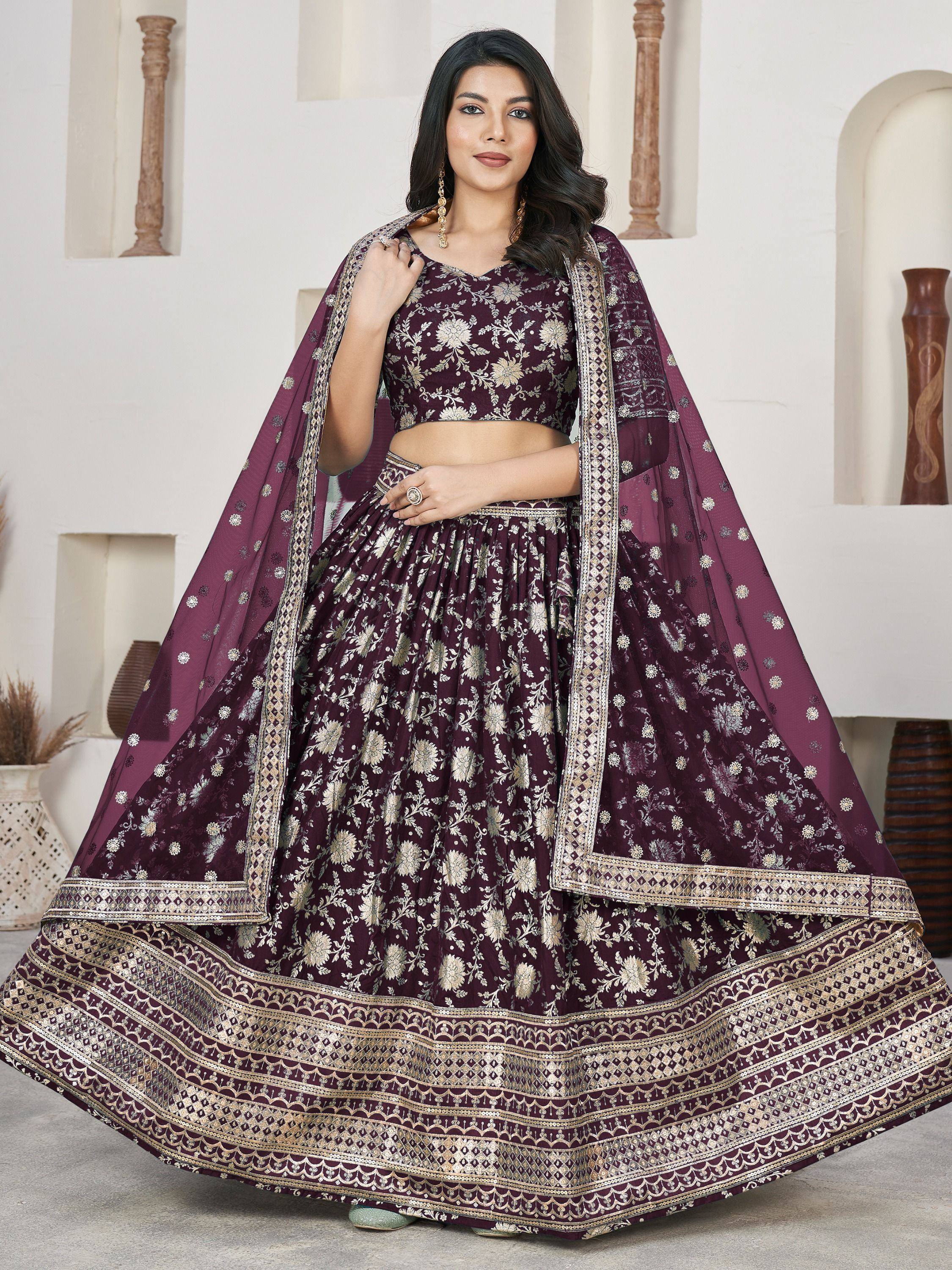 Elegant maroon lehenga choli with gold floral embroidery and matching dupatta for Indian ethnic wear