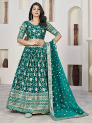 Adorable Teal Green Zari Embroidered Jacquard Lehenga Choli