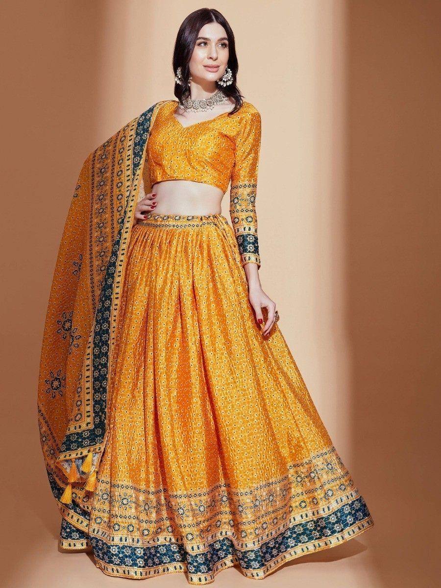 Yellow designer lehenga choli with blue border, ethnic wear for women