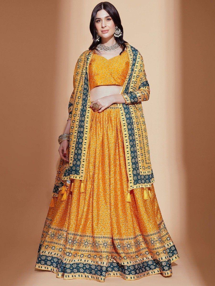Yellow and blue printed lehenga choli with dupatta, ethnic Indian wear for women