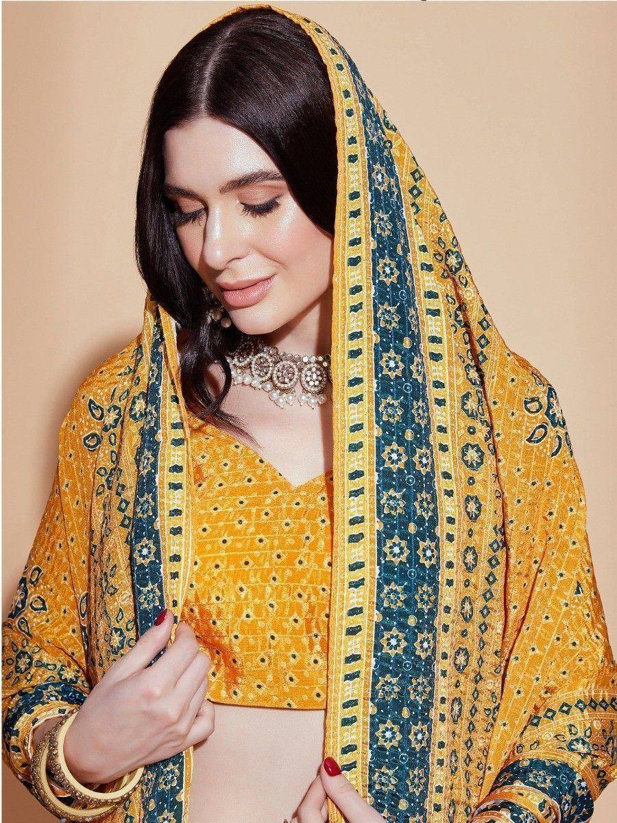 Yellow and teal printed salwar kameez with matching dupatta, ethnic wear for women