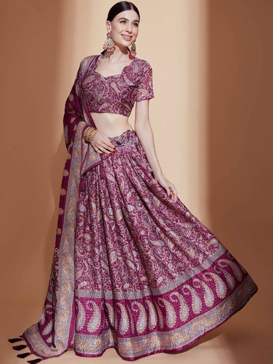 Purple paisley print lehenga choli with dupatta, Indian ethnic wear for women