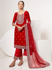 Astonishing Red Sequins Velvet Function Wear Pant Suit With Dupatta