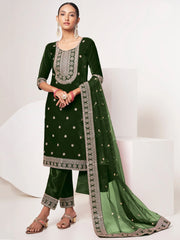 Woman in designer green embroidered salwar kameez with dupatta from Ethnic Plus