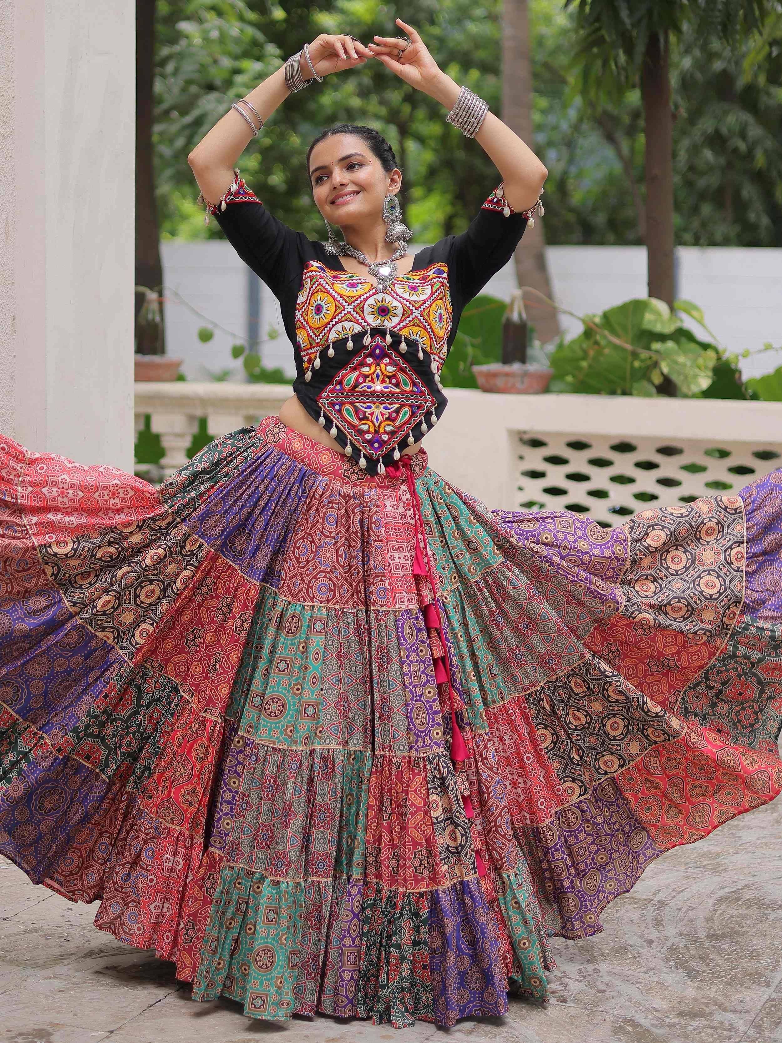 Colorful ethnic lehenga choli with intricate embroidery and vibrant patterns for festive occasions