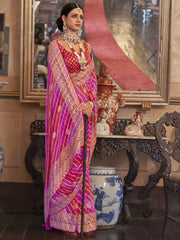 Awesome Pink Lehenriya Printed Georgette Traditional Saree With Blouse