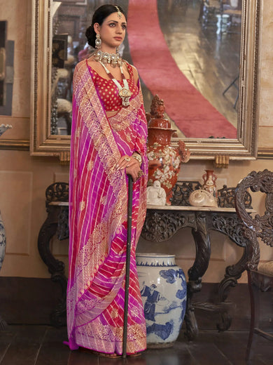 Awesome Pink Lehenriya Printed Georgette Traditional Saree With Blouse