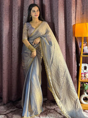 Radiant Grey Soft Silk Hand Work Saree With Blouse - Ethnic Plus In