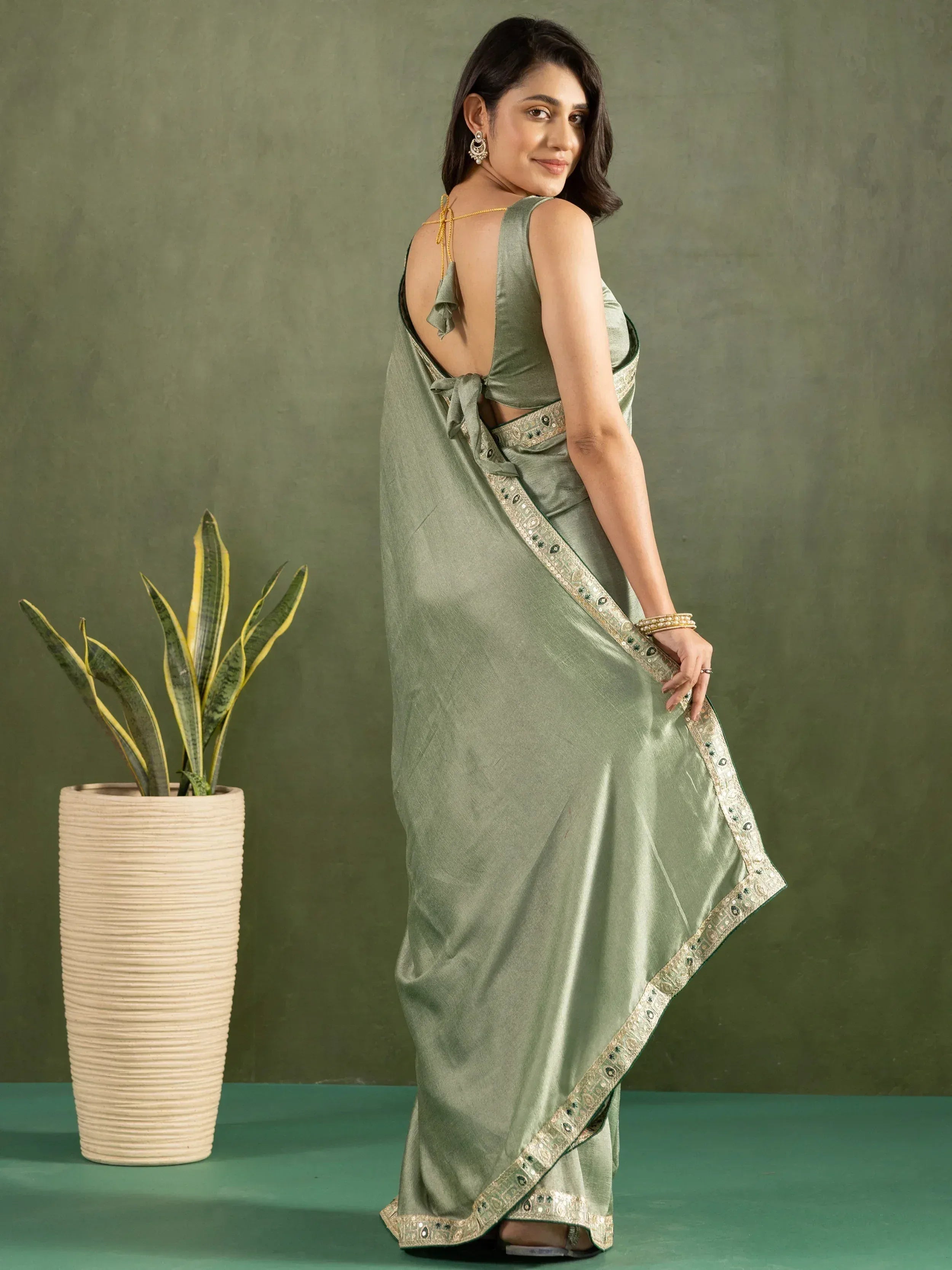 Olive green saree with gold embroidery, backless blouse, ethnic Indian wear for women